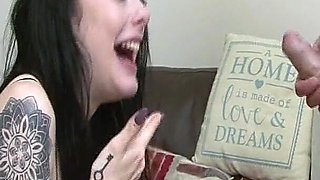 Tattooed Brunette Gets Fingered on the Couch and Cums Hard