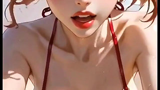 Cute Redhead Bikini Moaning on Beach, Ai Animation