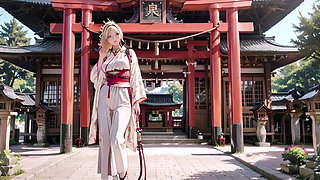 Kneeling under the Torii gate in a beige modified kimono, she touches her chest and traces her collarbon