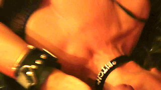 Swemature in the black bed with dildo, butt plug, bitch collar, leather cufs, fucking and swallowing cum.