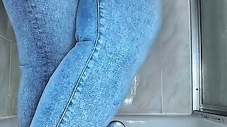 Desperate for Wee in the Bathroom Pissing in My Blue Jeans