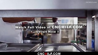 Big-titted COUGAR London Deep-throats the Waiter's Stiffy During a Biz Appointment