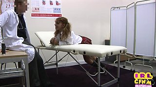 CFNM 21yo college whore nailed in threesome sex by perv doctors