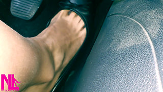 Revving and Driving in Black Leather Flats on Barefeet