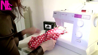 Sewing in Black Flip Flops and Barefeet