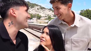 Outdoor public anal threesome with bratty Latina with big ass at a train station