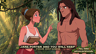 Jane and Tarzan first contact as he explores a woman's naked body