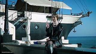 Young Russian Woman Smoking Cigarette Outdoor Terrace