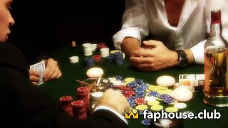 Sultry chick takes on 3 lustful guys in explosive gangbang on poker table!