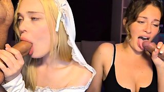 Two Slutty Babes Sucking Cock Side by Side
