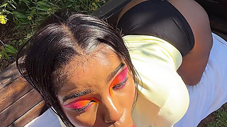 Ebony Girl Reading Outside Gets Her Throat Used by White Guy