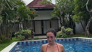 Morning Fitness in Hot Bikini, Sweating, Swimming