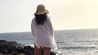 My Big Thai Tits Tremble in the Salty Wind, Hard Nipples Exposed at the Naked Beach