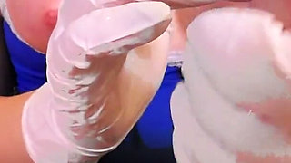 Cum in 27 Sec - How Long Can You Resist? Jerking off - Big Oiled Tits with White Gloves, Massive Cumshot, Post Orgasm