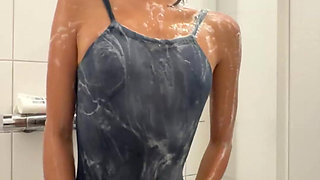 Clothed Shower in Swimsuit - Skinny Asian Wants You to Watch Her Petite Body in Soap Shower