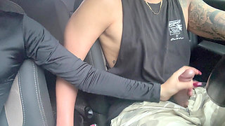 Petite Student Gives Handjob in the Car and Makes Him Cum