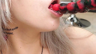 Vampire on Strips Sucks Monster Dildo Until Cumshot!