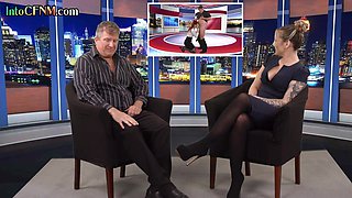 CFNM redhead British babe suck knob in live TV show