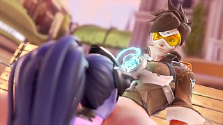 Widowmaker gets intimate with Tracer, making sultry eye contact while pleasuring her