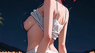 Pink haired beach reverse cowgirl, blonde titfuck bed cum