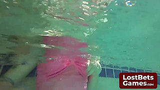 Amateur Lesbian Strip Game - Fingering Teen Cuties in Pool Threesome