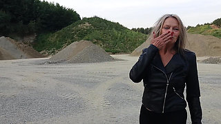 Grandma Is Walking Around a Gravel Pit in Tight Leggings and High Heels!