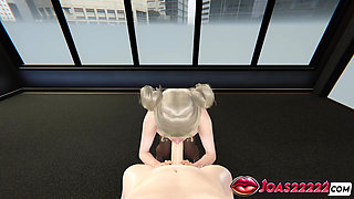 3D Hentai: Horny Office Risa Two Hands Handjob, Sloppy Blowjob and Glory Hole Deepthroat Cumshot