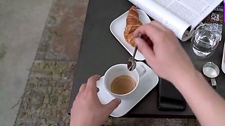 Blonde doll in white tee-shirt gives an amateur blowjob