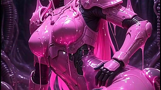 Pink Anime Girl Elf in Pink Combat Suit, Gets Rubbed by Hoses