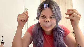 Silly Face Fetish and Squirting Milk Onto a Glass Table