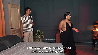 Busty stepmom ends up sharing a bed with her skinny stepson due to a hotel mix-up