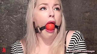 Bound blond in wool stockings toyed