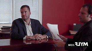 A voluptuous, auburn-haired spouse named Syren De Mer is thoroughly pleasured by her husband's superior, all while the cuckold husband watches on.