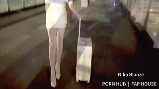 Flight Attendant in Pantyhose and High Heels, Going Commando Outdoors, Performing Oral Sex and Taking a Load Inside Her Mouth.