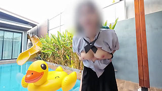 NiNewThai a stacked curry Pool Villa XXX Getting a student's stabbed in the middle of the handle screaming