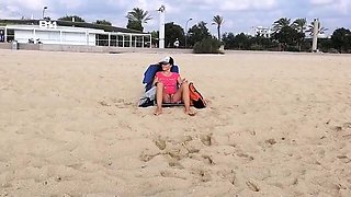 Flashing Hairy Pussy by Taking Off Panties at the Beach Suns