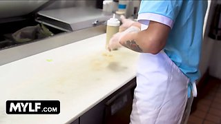 Mylf - big titted blondie milf Nina Elle whips her massive hooters out and makes teen stud cover them in jizz