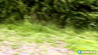 Willow has an outdoor threesome with two hung dudes who blast her tits and face with cum.