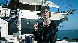 Young Russian Woman Smoking Cigarette Outdoor Terrace