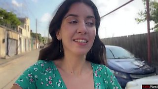 Katty West Brunette Blowjob: Outdoor Public Cumwalk with 3 Guys Facial