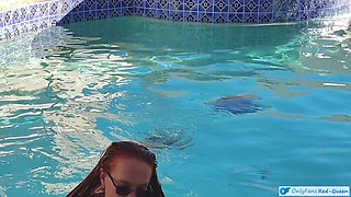 Hot Long Haired Ginger MILF Taking a Dip and Fucking in Outdoor Pool