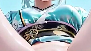 Silver-haired Maid in an Ice Palace! Red & Green Kimono, Legs Spread Wide in the Snow.