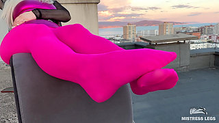 Pink Nylon Tease on the Rooftop at Sunset - Feet and Big Ass