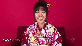Chiharu's Kimono Threesome: Blowjob and Creampie Encounter