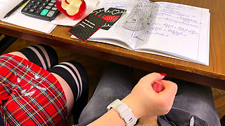 High Schoolgirl Stroking Him off in Math Class Under the Table. at College