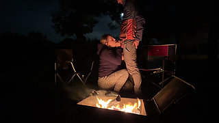 Wife caught masturbating in public restroom, then fucked by the campfire