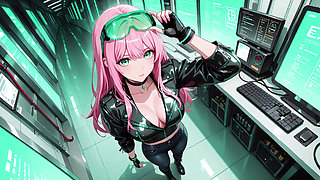 Pink-Haired Leather Tech! Private vibes in a neon-lit cyber corridor.