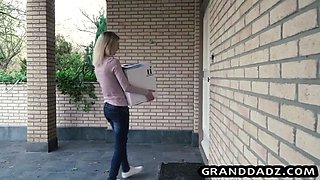 Skinny babe delivers package and fucks old grandpa
