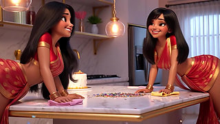 Two voluptuous Indian lesbians cleaning kitchen floor on all fours in revealing traditional attire no panties