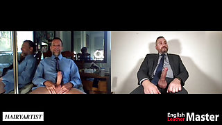 Teamlocked businessmen discuss Chasity employee while jerking PREVIEW